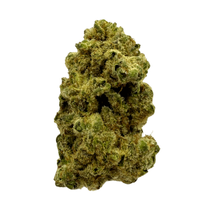 Close-up of Double OG Chem Dawg THCA flower bud showing dense trichomes, forest-green hues, and orange pistils with a frosty, diesel-coated finish.